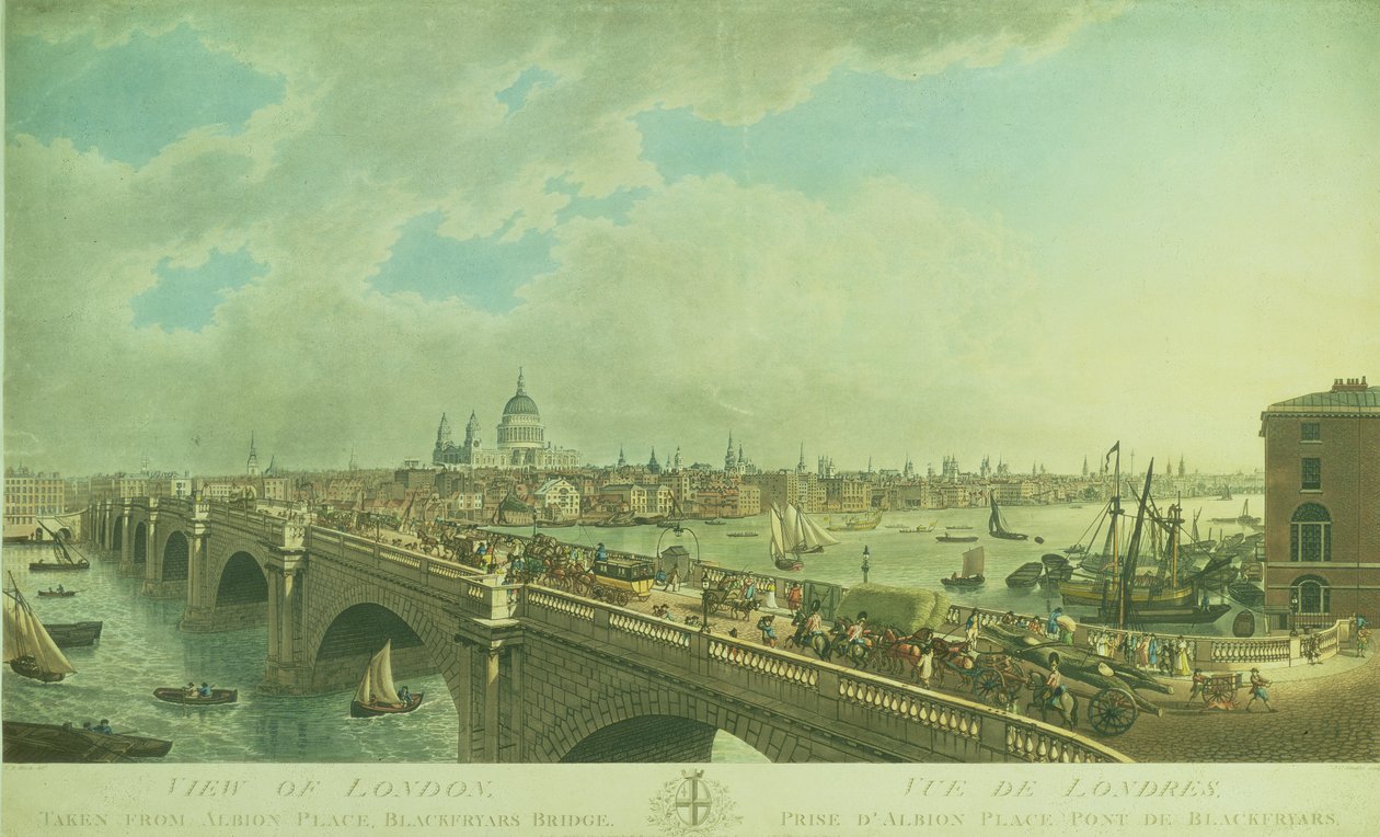 Utsikt over London tatt fra Albion Place, Blackfriars Bridge, gravert av Joseph Constantine Stadler (fl.1780-1812), pub. 1802 (akvatint) av N.R. Black