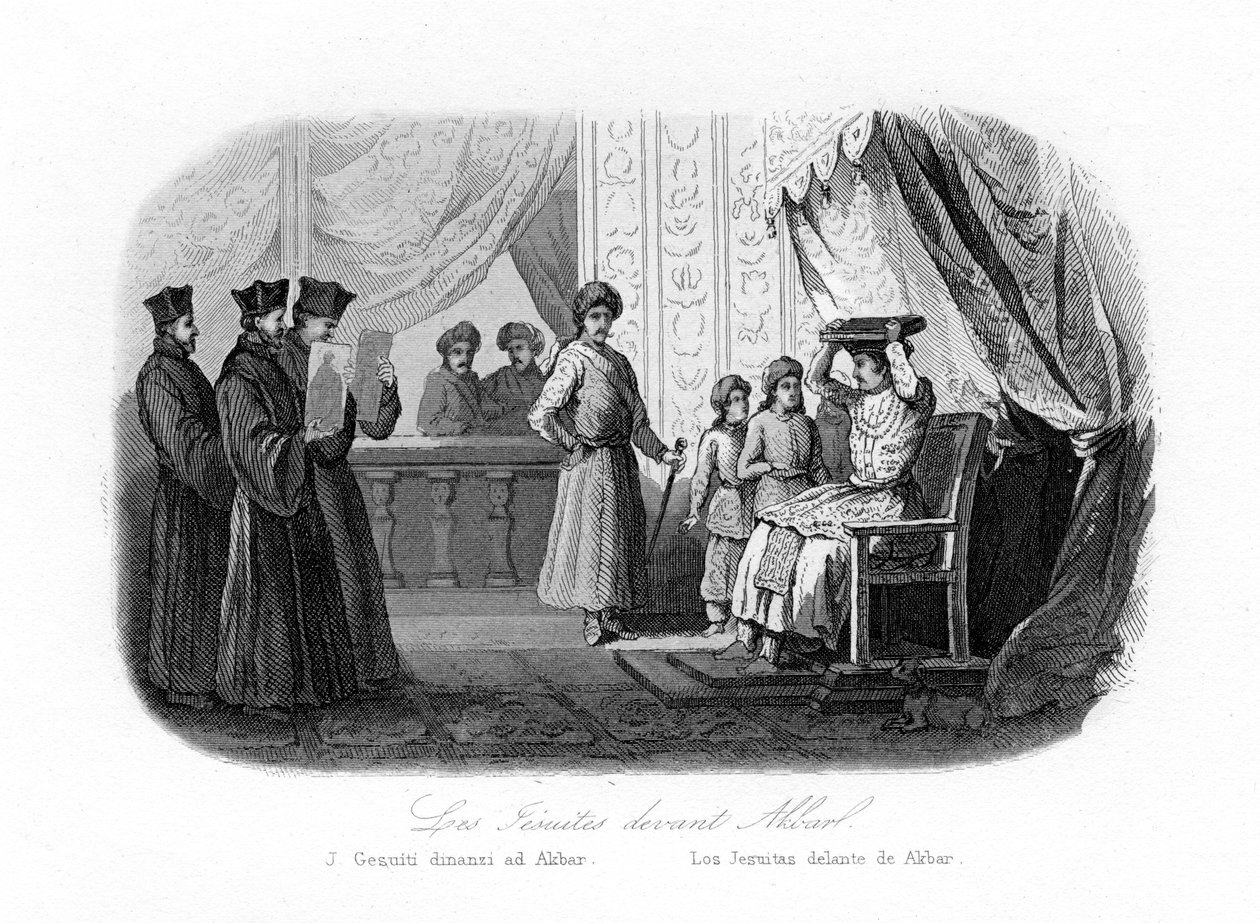 Jesuitter foran Akbar, 1580-tallet, c1840. av N. Remond