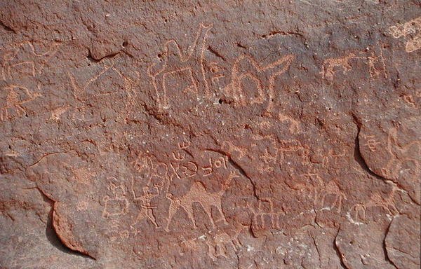 Helleristninger fra siden av en klippe (fjellmaleri) av Nabatean
