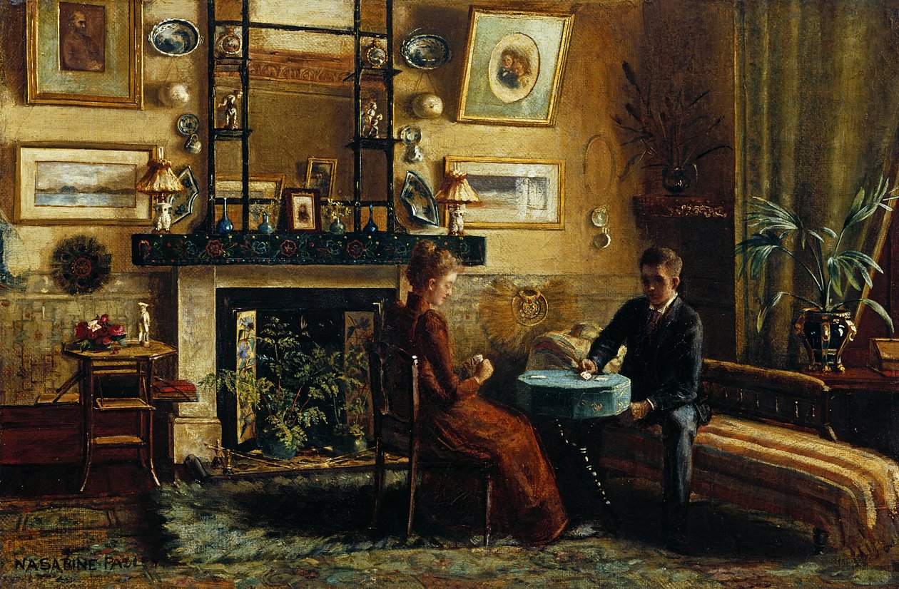 Interiør med et par spillekort, 1887-91 av Nancy A. Sabine Pasley