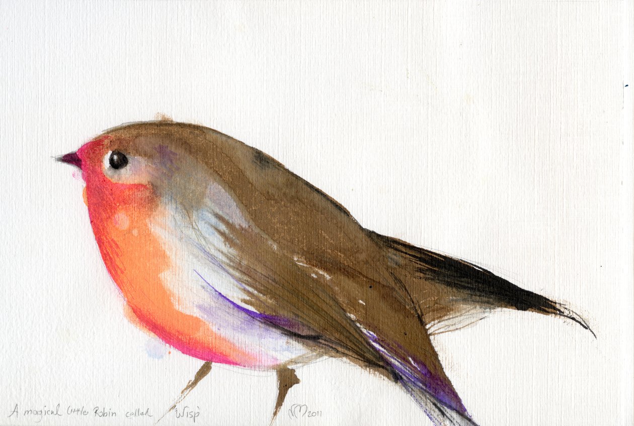En magisk liten robin kalt Wisp, 2011, (blekk på papir) av Nancy Moniz Charalambous