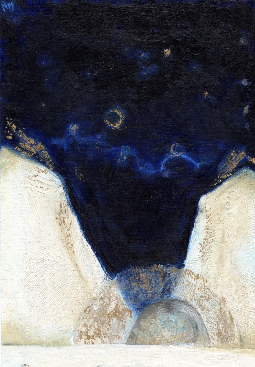Natt engelen fikk vingene 2, 2013, (olje og bladgull på kort) av Nancy Moniz Charalambous