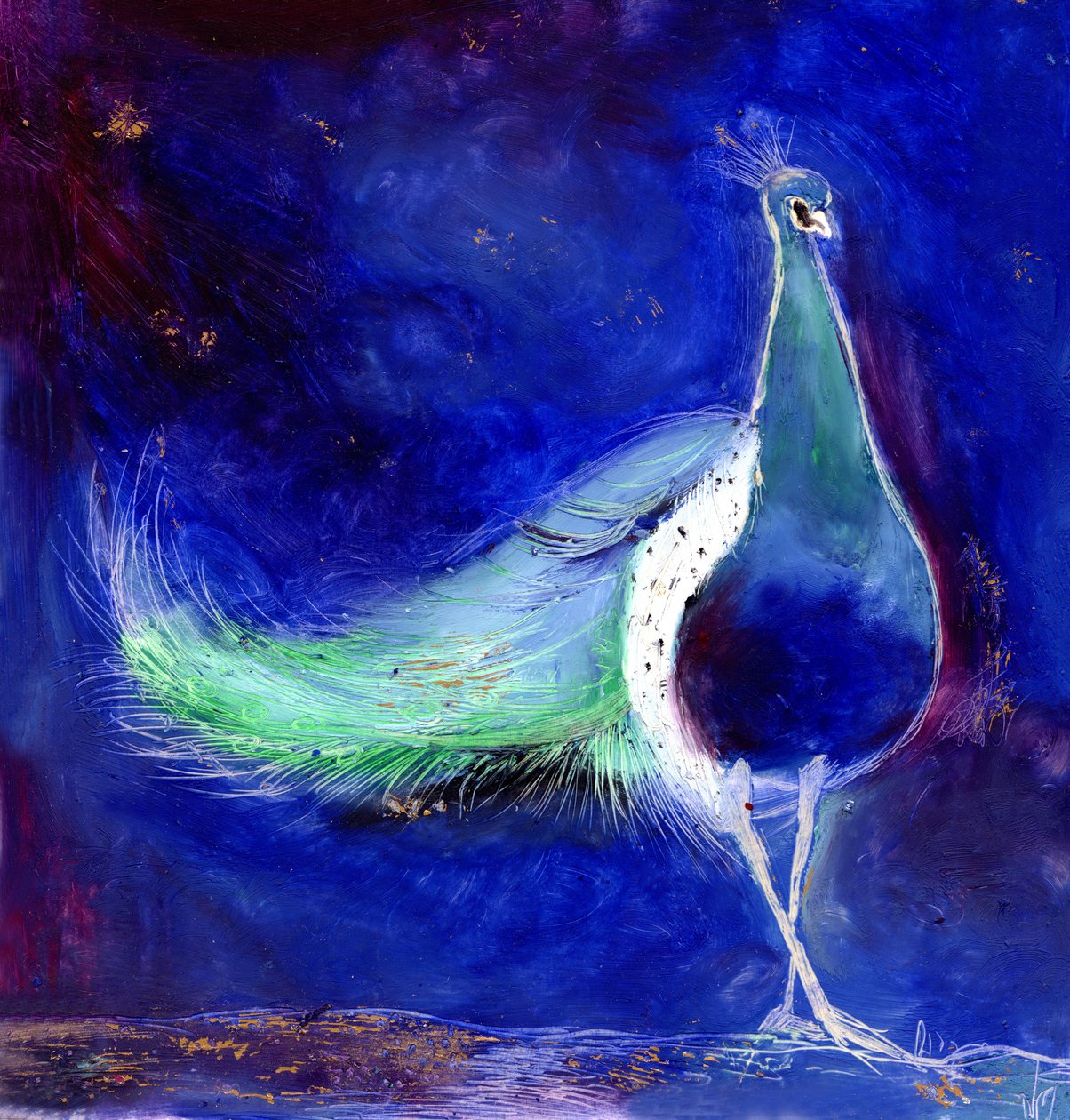 Peacock Blue, 2013, (olje og bladgull på kort) av Nancy Moniz Charalambous