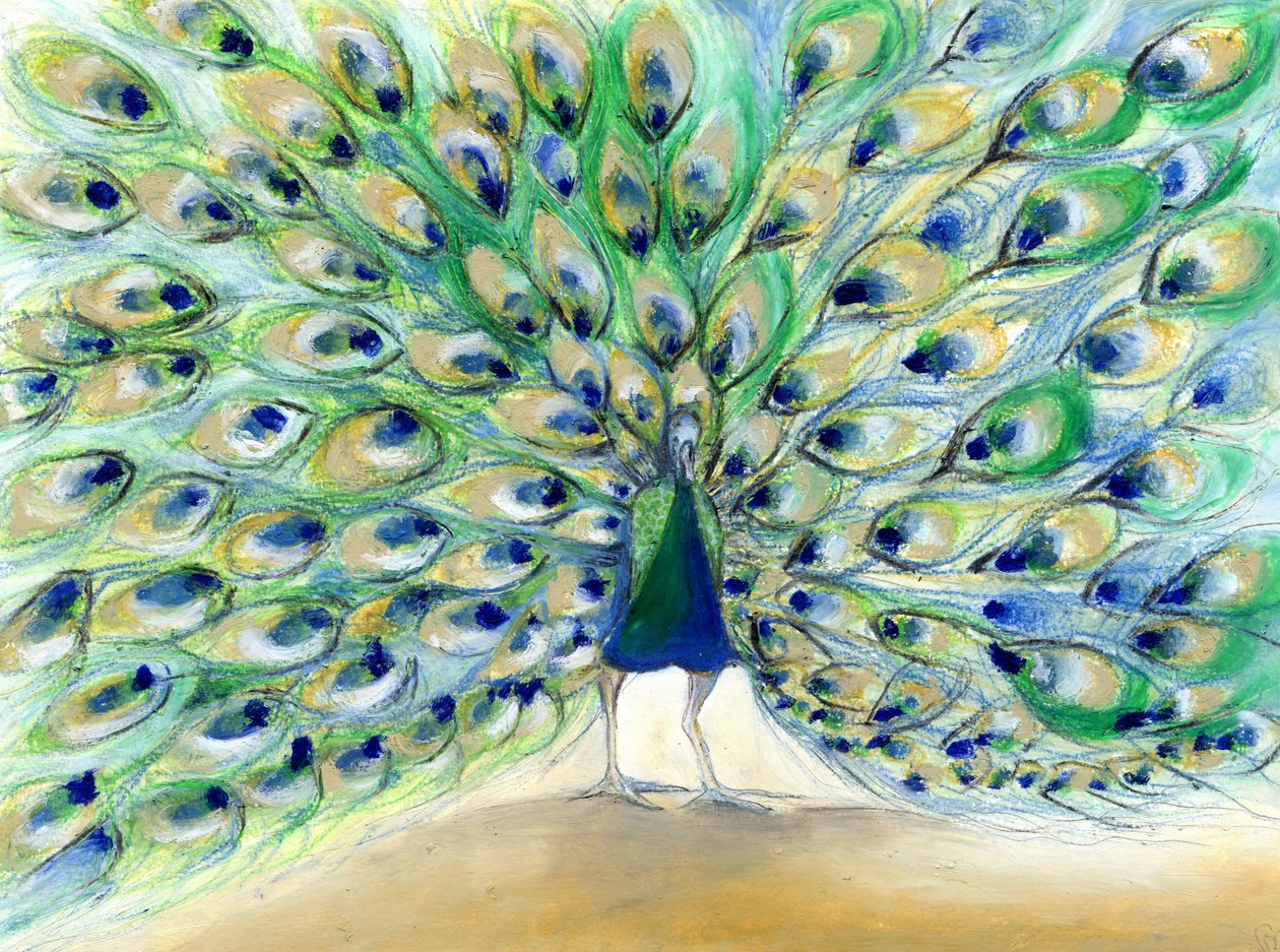 Peacock i San Diego 2, 2013, (olje på kort) av Nancy Moniz Charalambous