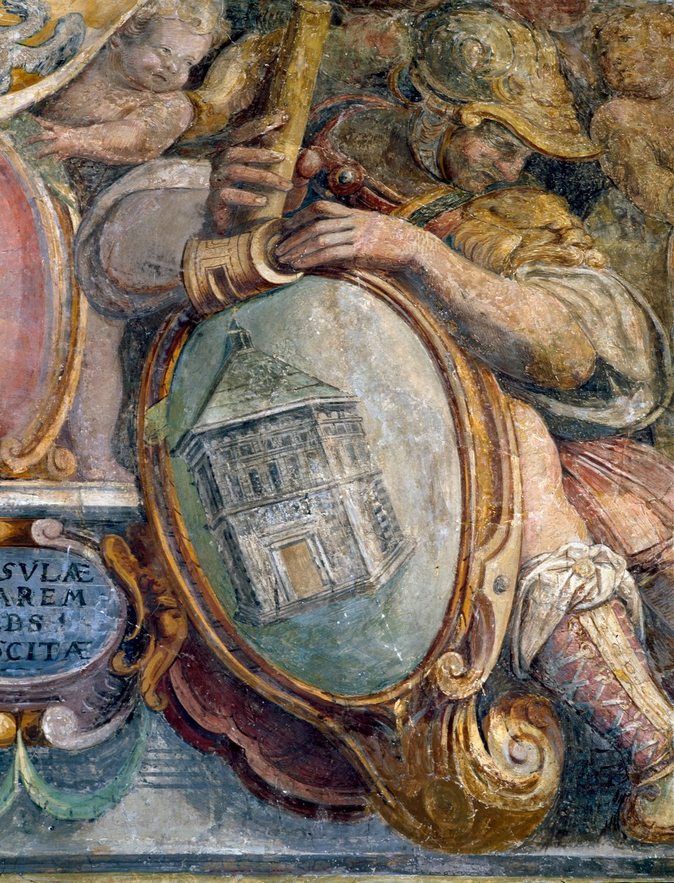 Soverom, detalj av frisen som viser byer og bygninger under Medici-kontroll, dåpskapellet i S. Giovanni, Firenze, freskomaleri fra 1564-75 av Bartolomeo Ammannati