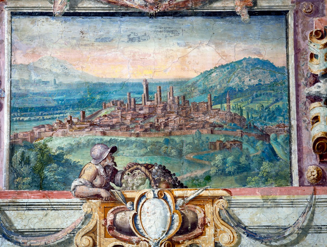 Soverom, detalj av frisen som viser byer under Medici-styret, San Gimignano, freskomaleri fra 1564-75 av Bartolomeo Ammannati