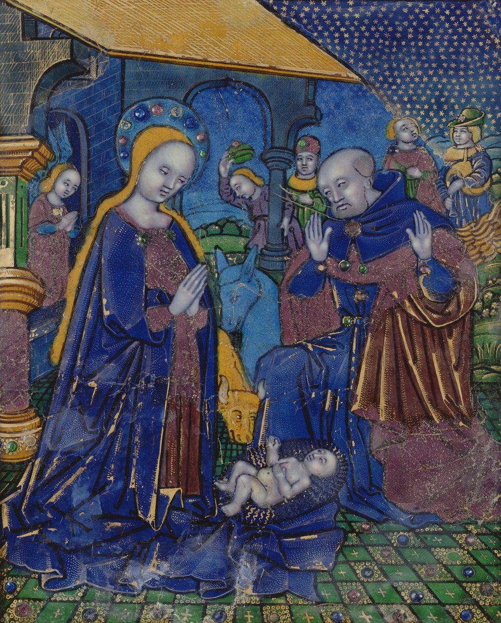 Plakett som viser The Adoration of the Child, Limoges (emalje) av Nardon Penicaud