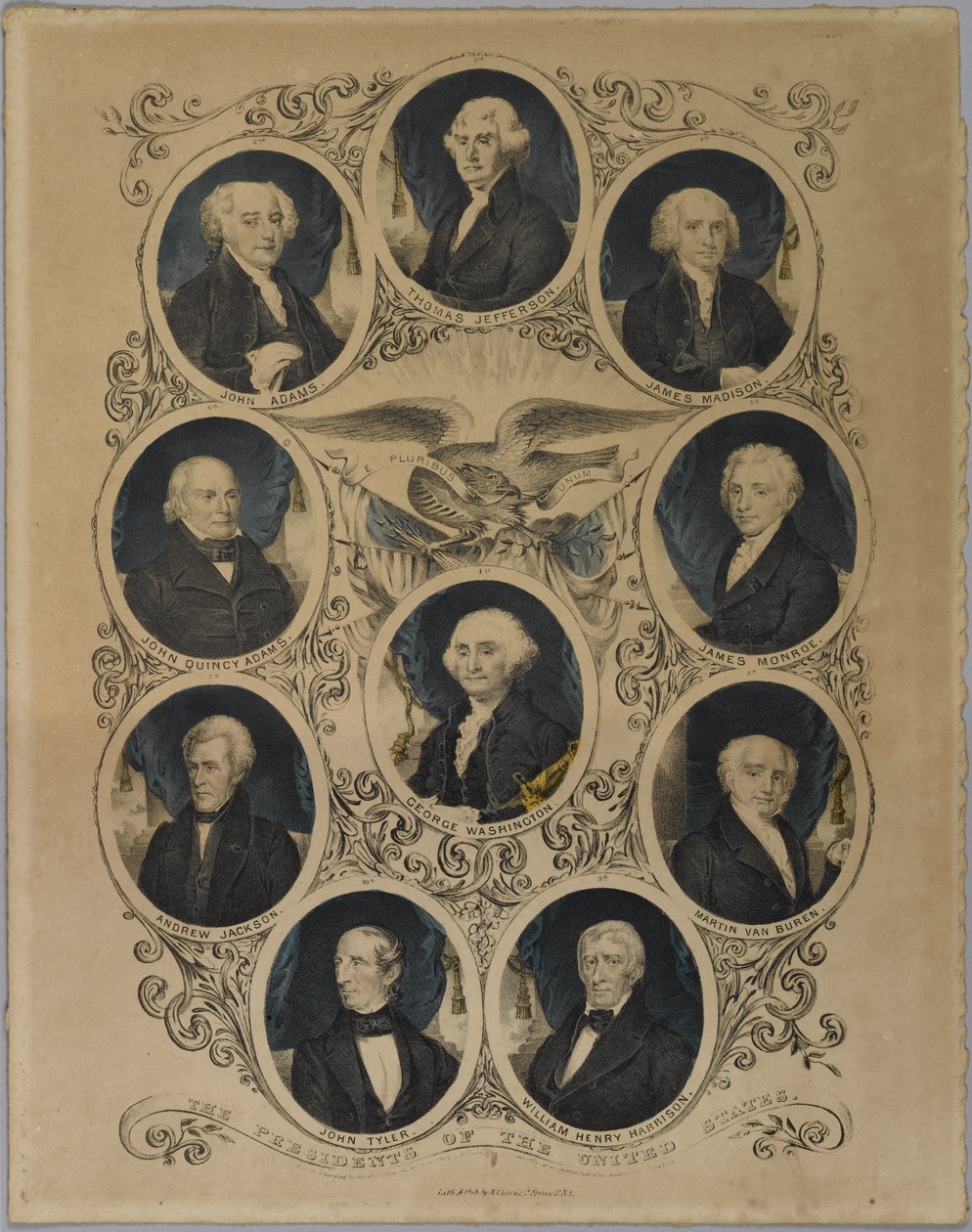 Presidenter i USA, 1844 (håndfarget lito) av Nathaniel Currier