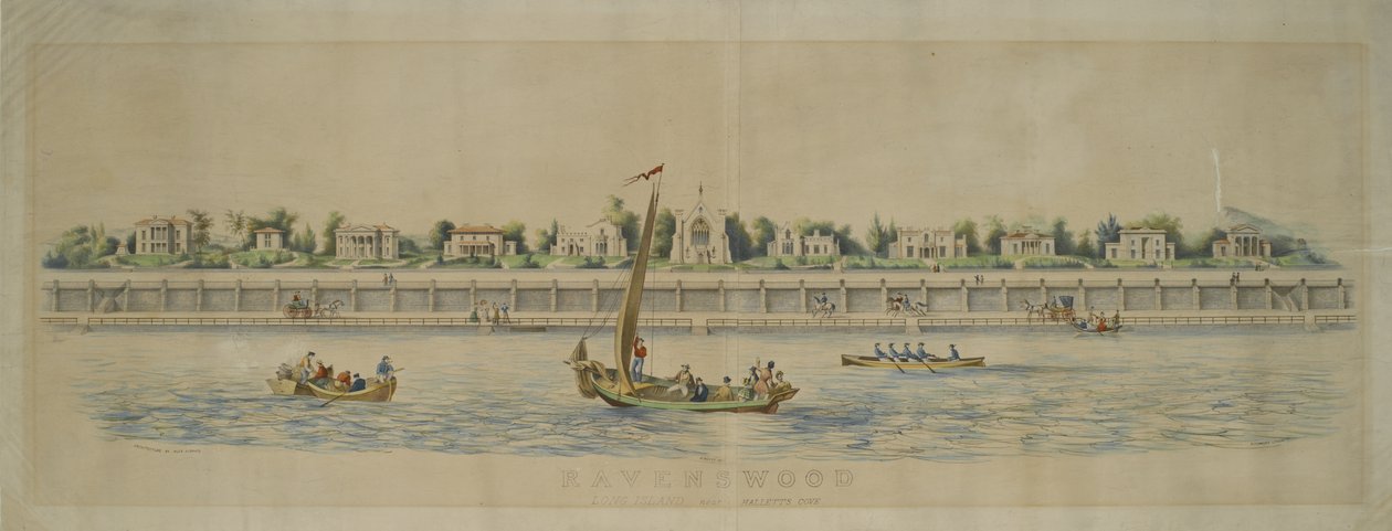 Ravenswood, Long Island, nær Hallets Cove (håndfarget litho) av Nathaniel Currier