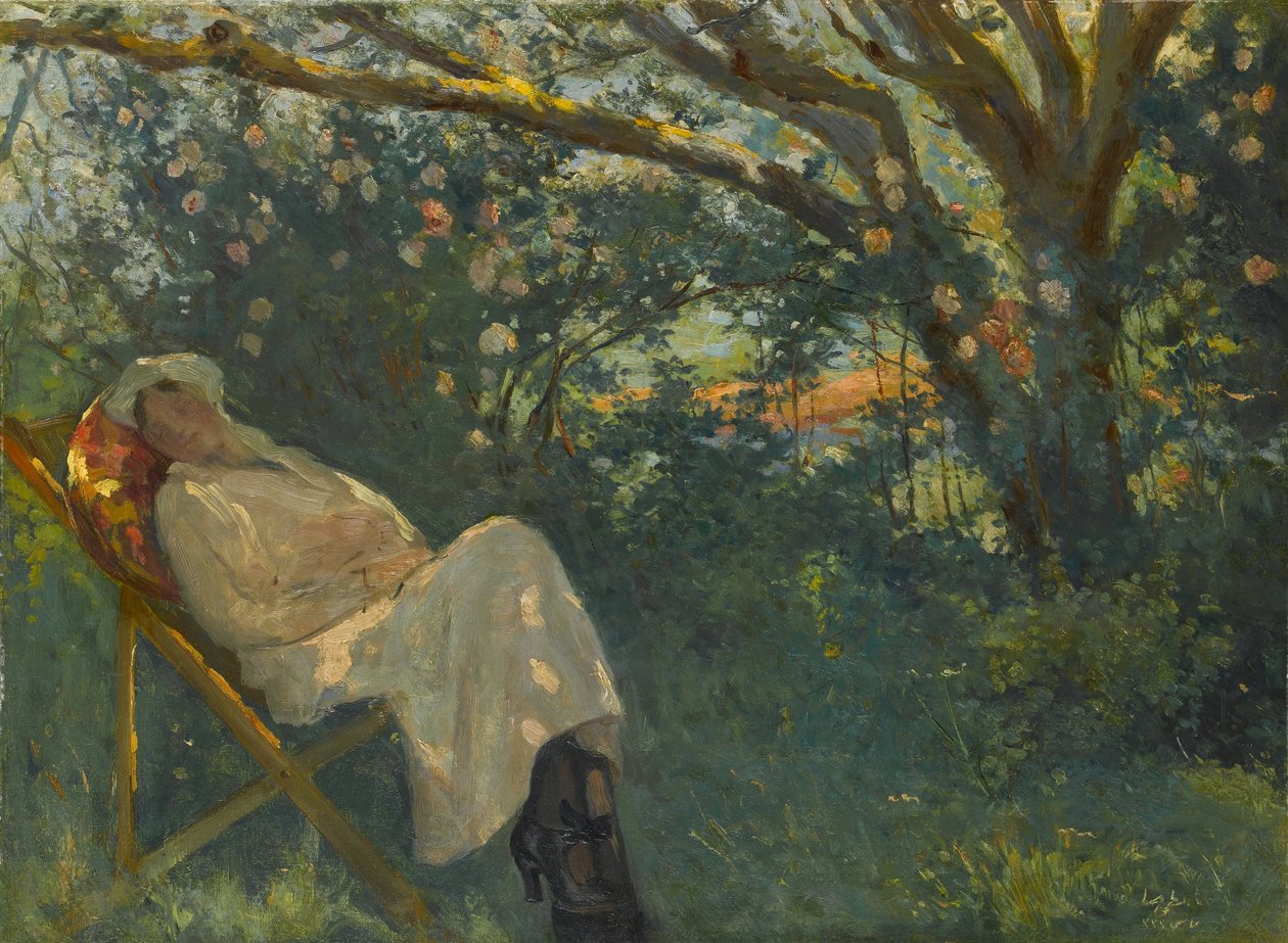ezlongda Pembeli Kadn, Lady in Pink on a Chaise Longue av Nazmi Ziya Güran