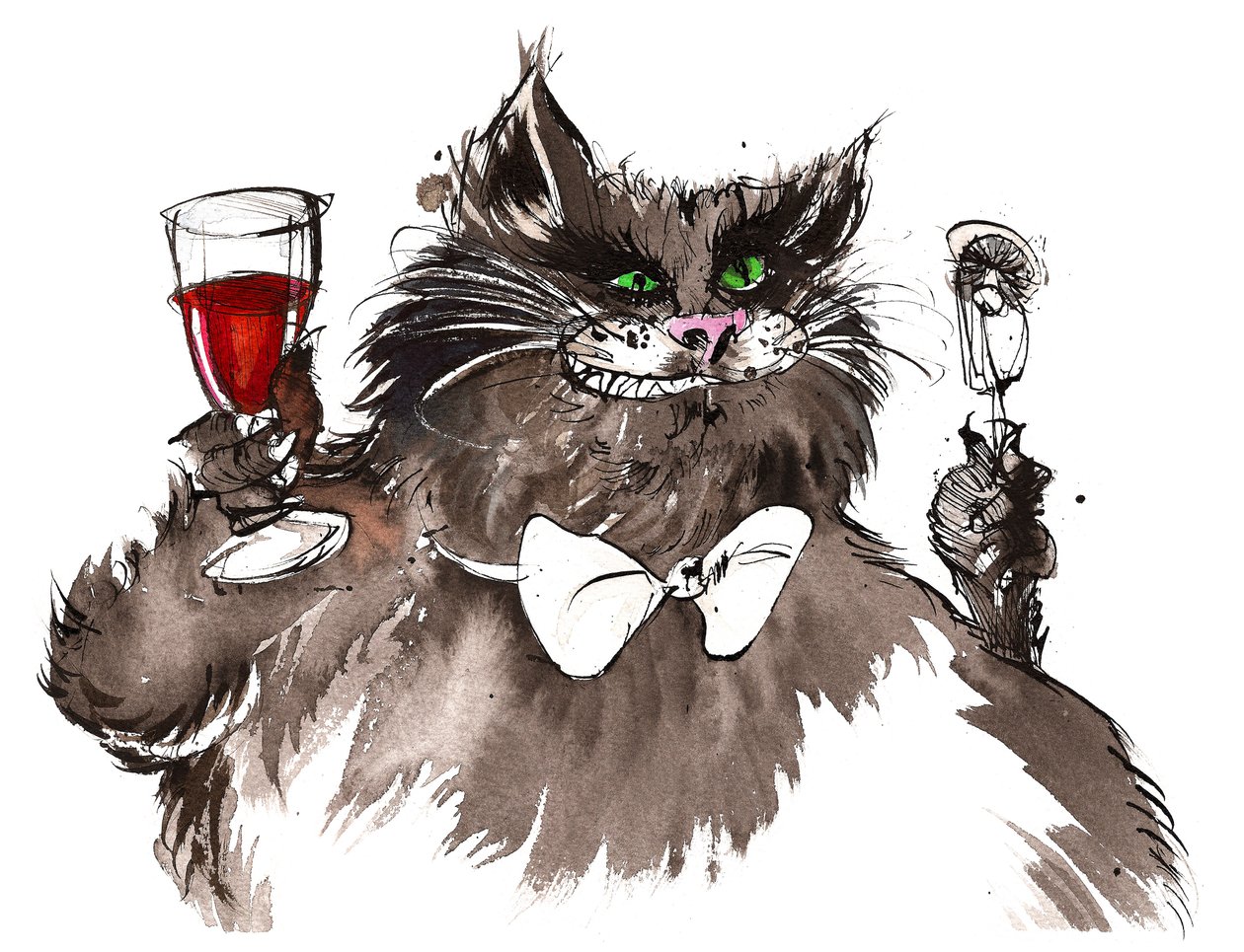 Behemoth-karakter fra Mesteren og Margarita av Mikhail Bulgakov (russisk dramatiker og forfatter, 1891-1940); blekktegning av Neale Osborne