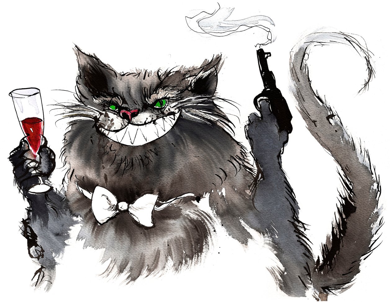 Behemoth med pistolgigantisk kattefigur fra Mesteren og Margarita av Mikhail Bulgakov (russisk dramatiker og forfatter, 1891-1940); blekk og akvarell, 2015 av Neale Osborne