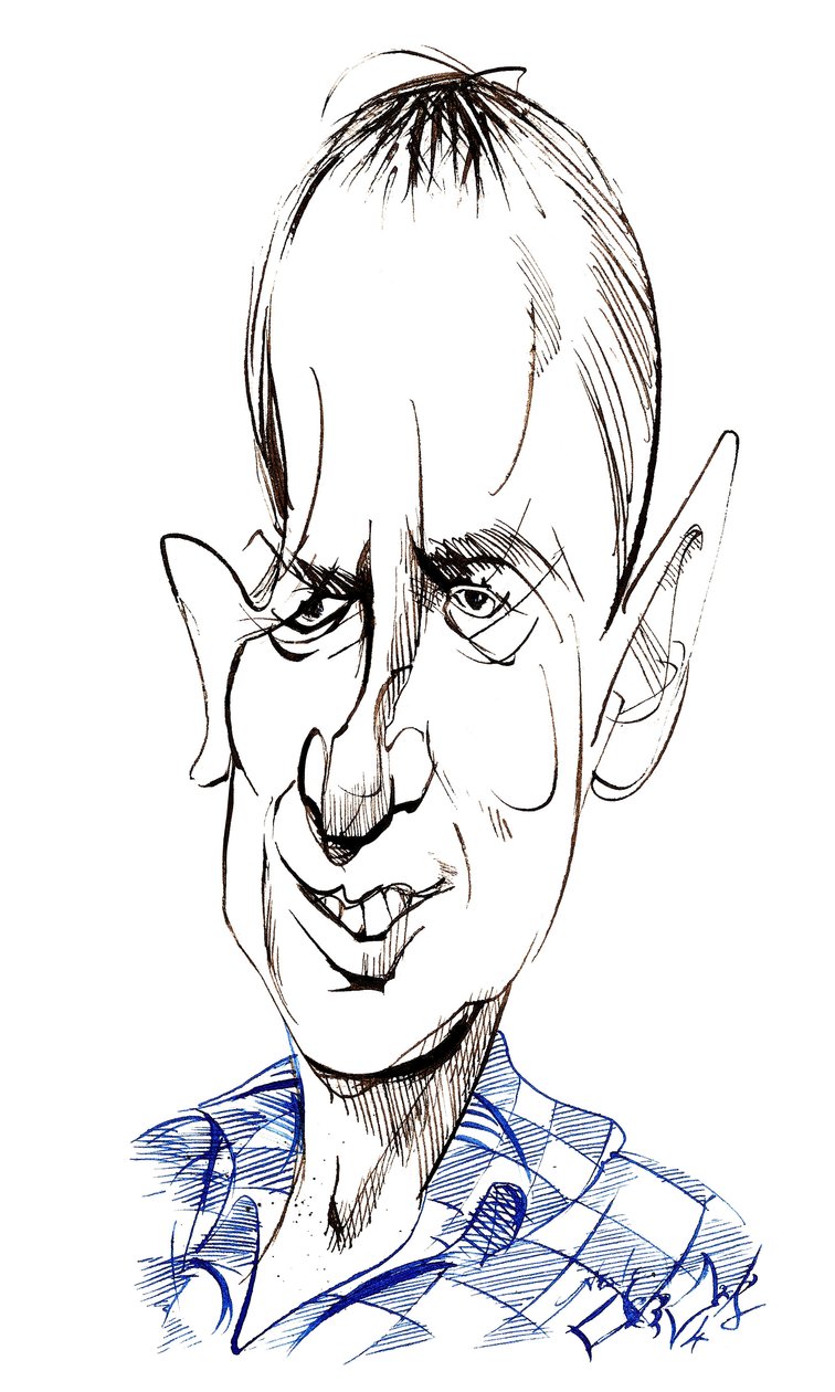 Frank Skinner - karikatur av engelsk komiker, skuespiller, forfatter og programleder, født 1957 av Neale Osborne