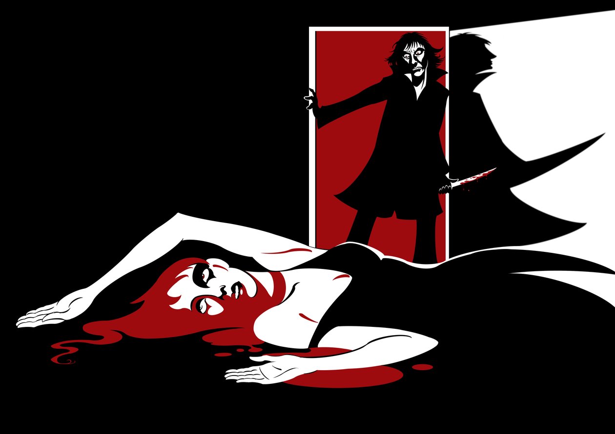 Illustrasjon for sluttscenen til Lulu, opera fra 1935 av Alban Berg (østerriksk komponist, 1885-1935) basert på Frank Wedekinds skuespill Erdgeist (1895) og Die Büchse der Pandora (Pandoras Box, 1901) av Neale Osborne