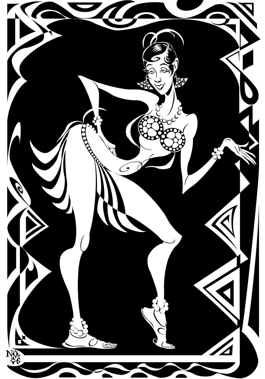 Josephine Baker, amerikansk danser og sanger (1906-75), bw karikatur med sikk-sakk-kant, 2006 av Neale Osborne av Neale Osborne