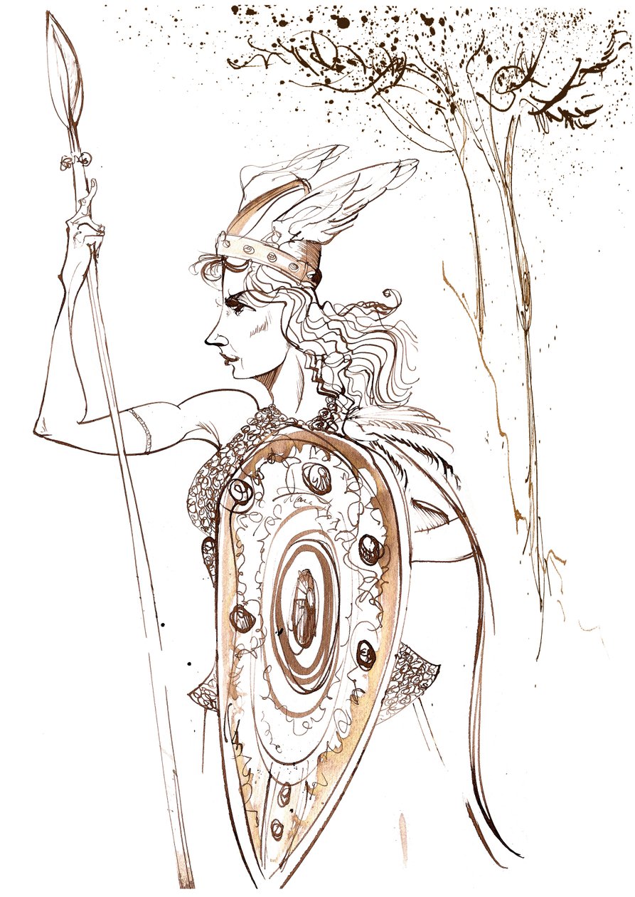 Kirsten Flagstad som Brünnhilde fra operaen Die Walküre av Richard Wagner (tysk komponist 1813-83); sepia karikatur av Neale Osborne