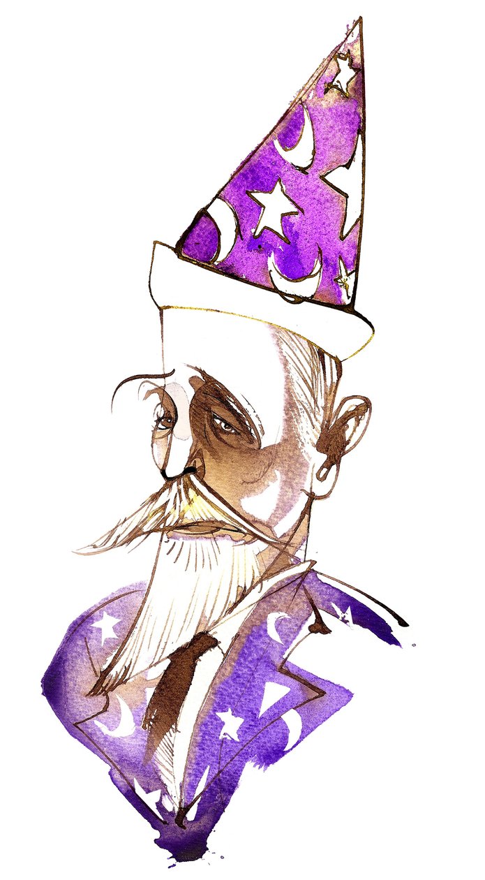 Paul Dukas, fransk komponist (1865-1935); karikert som en trollmann av Neale Osborne