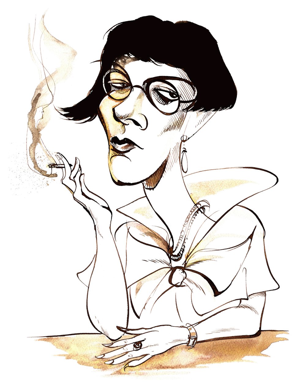 Sylvia Townsend Warner - karikatur som holder sigarett av Neale Osborne