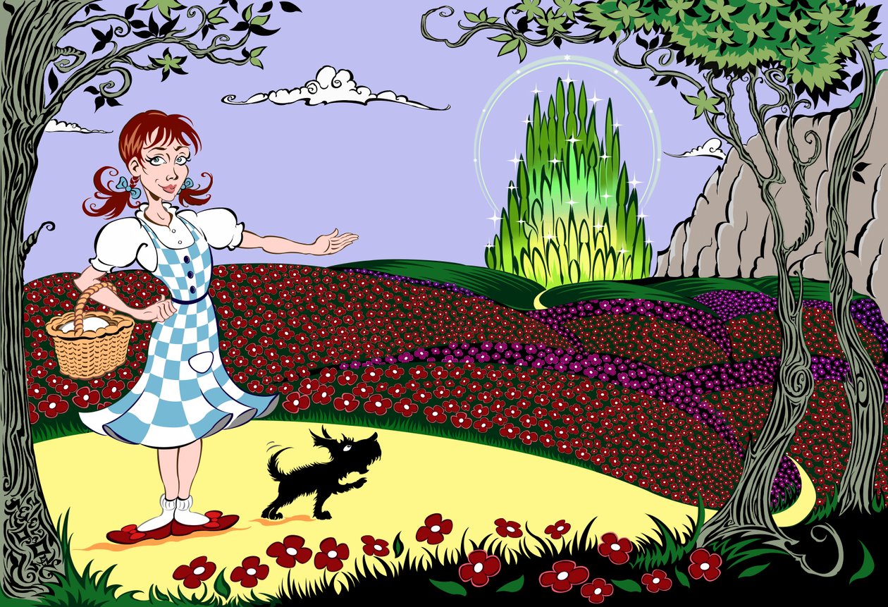 The Wonderful Wizard of Oz: Dorothy og Toto på Yellow Brick Road på vei til Emerald City av Neale Osborne