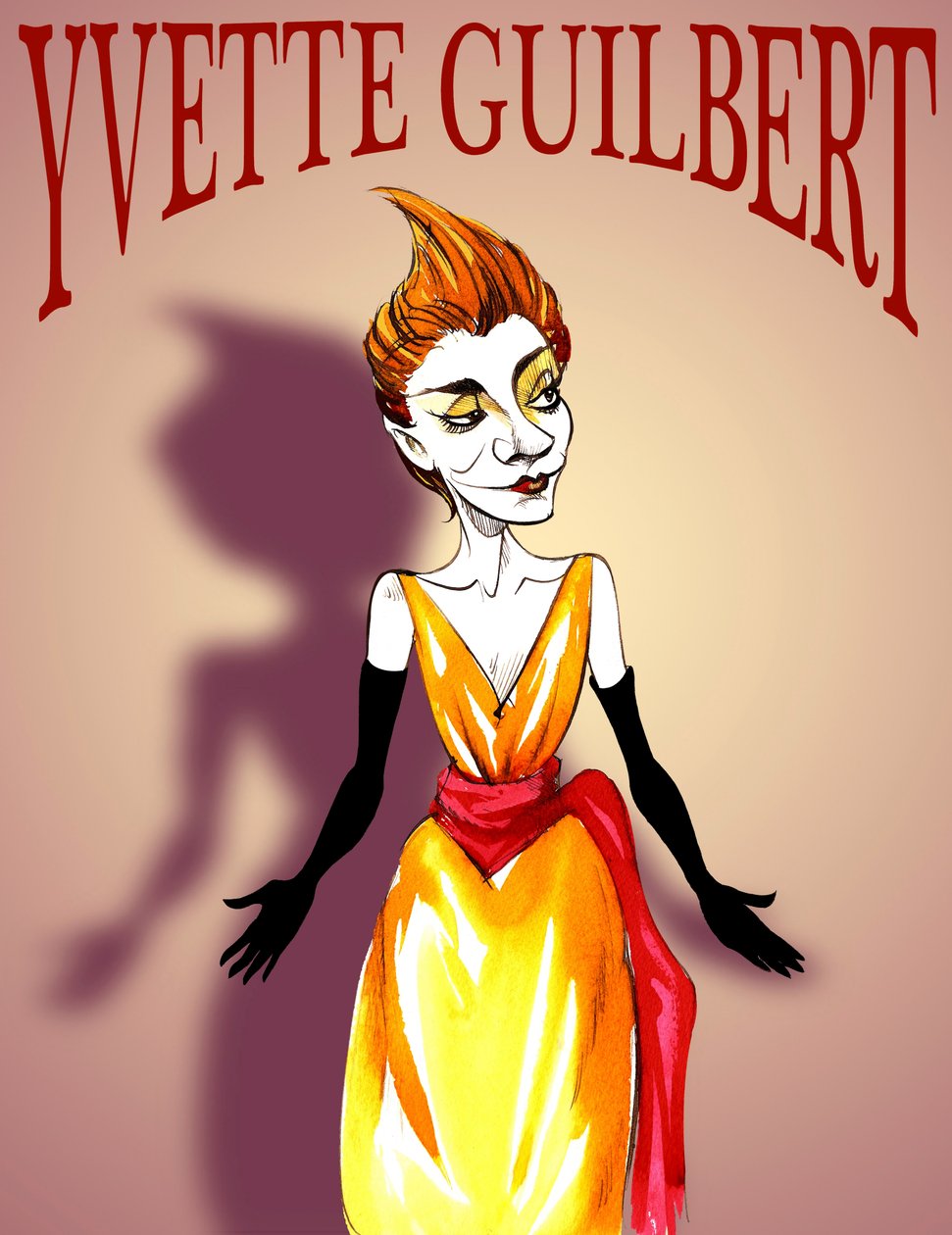 Yvette Guilbert , fransk skuespillerinne og kabaretsanger, (1867 - 1944) karikatur, med bokstaver i stil med en belle epoque-plakat av Neale Osborne