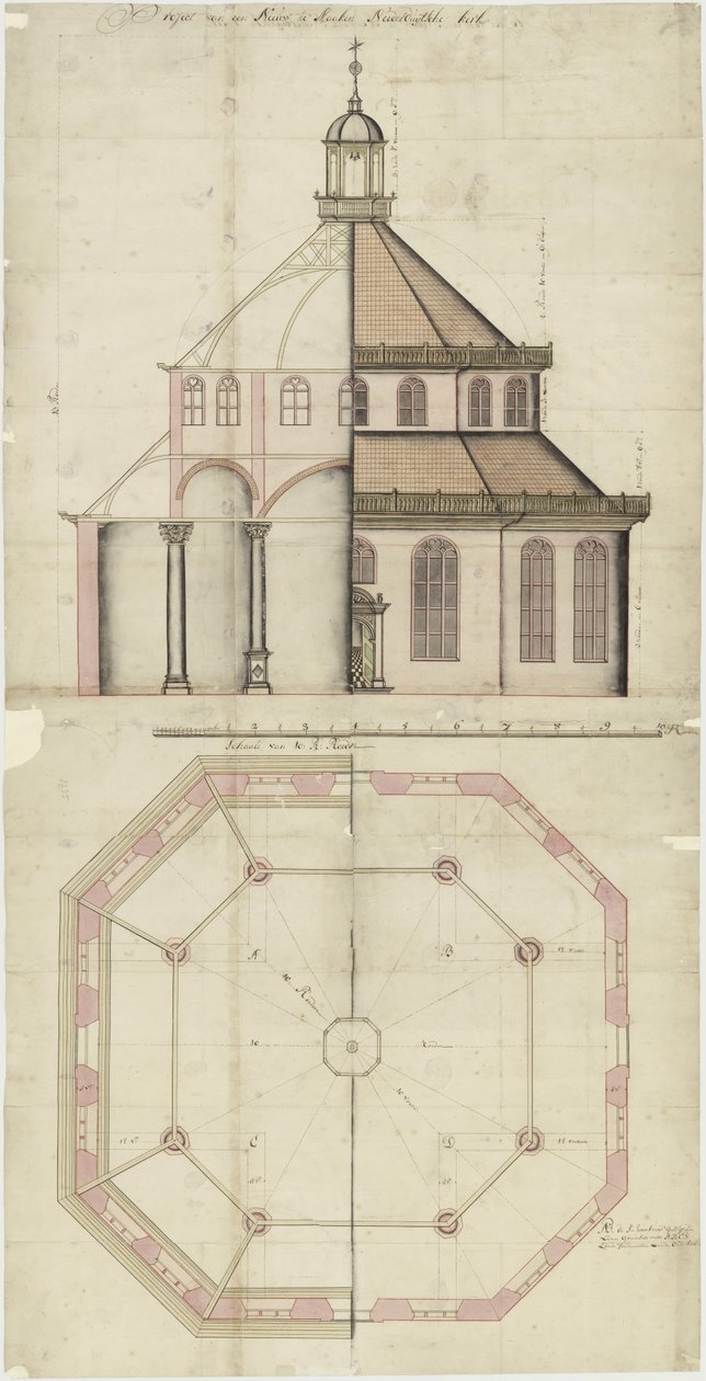 Konstruksjonstegning for en kirke som skal bygges i Batavia av Nederlands