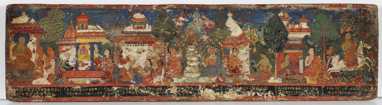 Buddhistisk manuskriptomslag (ugjennomsiktig wc på tre) av Nepalese School
