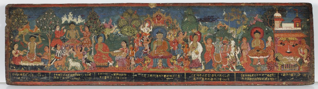 Buddhistisk manuskriptomslag (ugjennomsiktig wc på tre) av Nepalese School