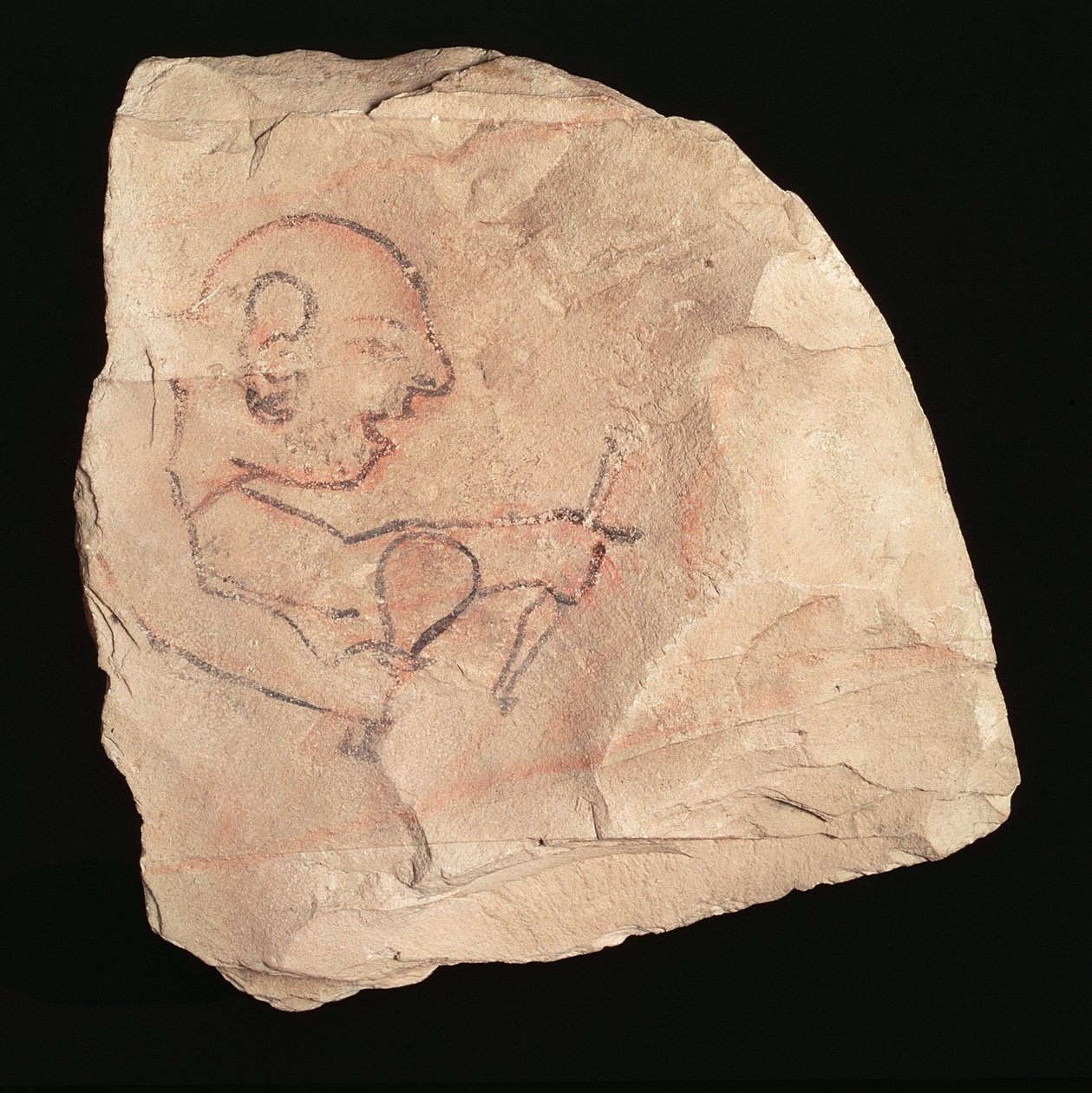 Ostracon som viser en ubarbert steinhugger, muligens fra Deir el-Medina, 19.–20. dynasti, 1200–1153 f.Kr. (malt kalkstein) (se også 282583) av New Kingdom Egyptian
