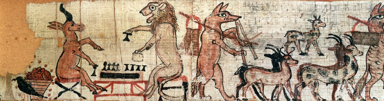 Den satiriske papyrus, detalj fra venstre side som viser en løve og en antilope som spiller senet-spillet, fra Theben, ca. 1100 f.Kr. (se også 85722) av New Kingdom Egyptian