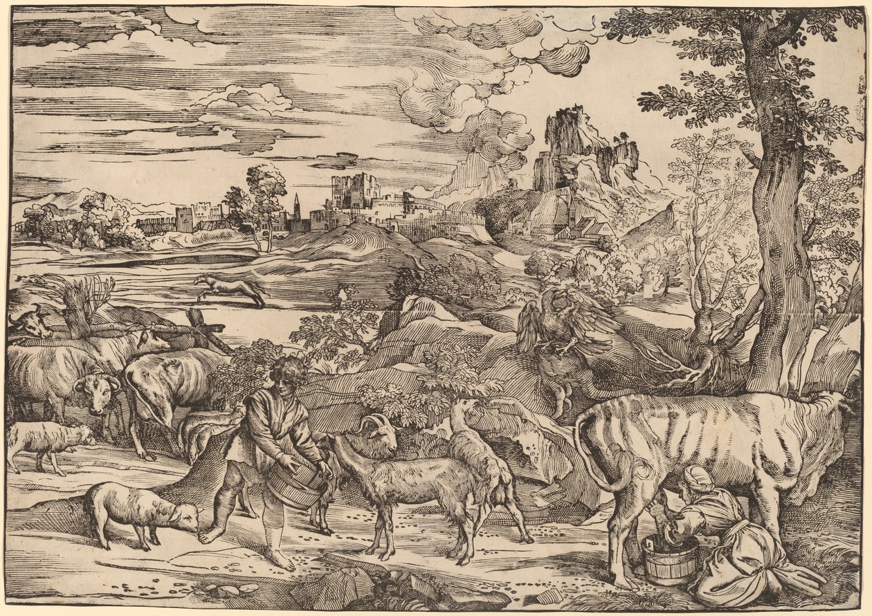 Landskap med en melkepike av Niccolò Boldrini after Titian