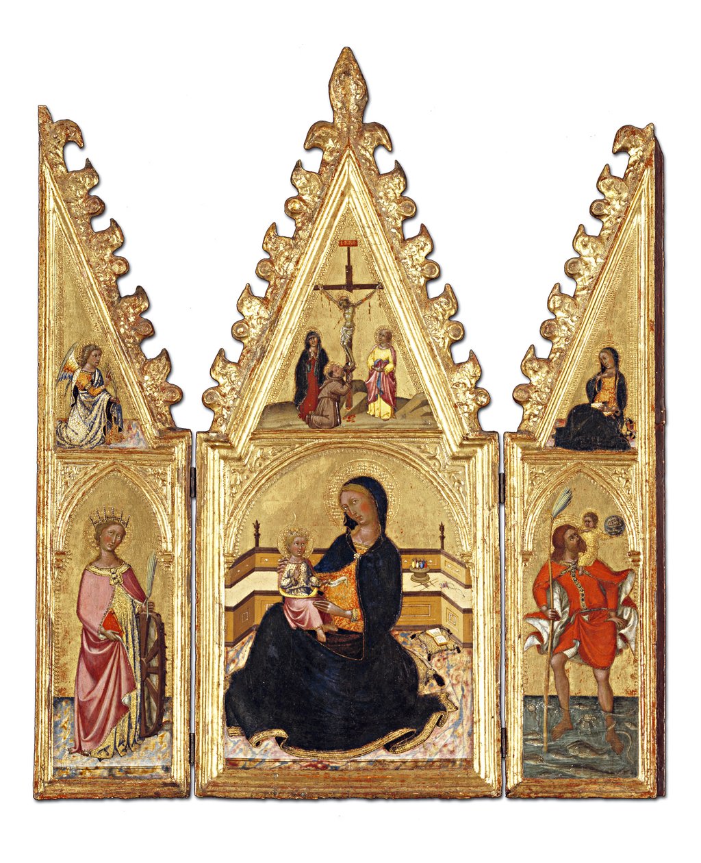 Ydmykhetens Madonna med den hellige Katarina av Alexandria, St. Christopher, bebudelsen og korsfestelsen, ca. 1370-75 (tempera på panel) av Niccolo di Buonaccorso