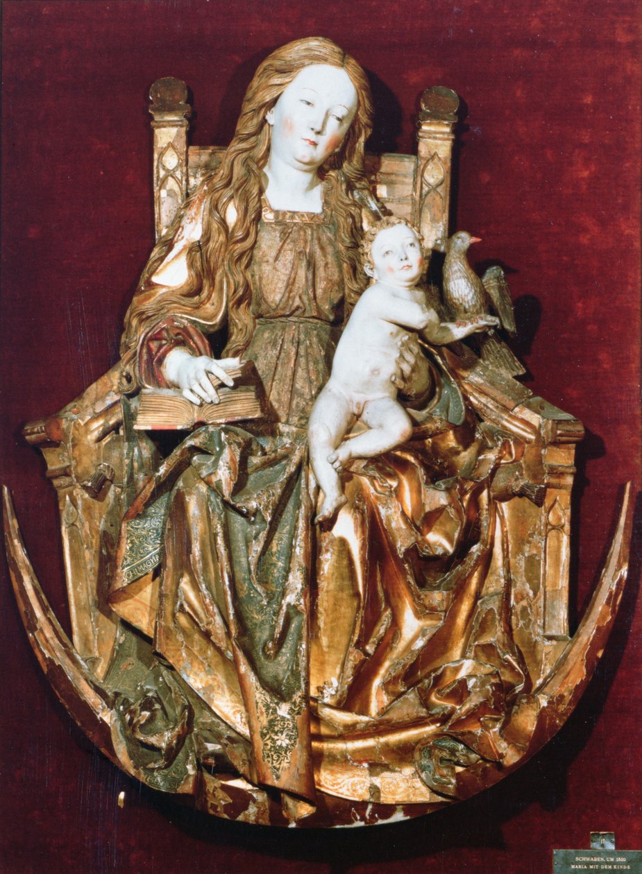 Madonna og barn tronet over en halvmåne, ca. 1510 (polykromt tre) av Niclaus the Elder attr. to Weckman