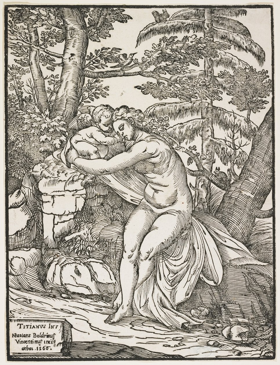 Venus og Amor, 1566 (chiaroscuro tresnitt, kun nøkkelblokk) av Nicolò Boldrini