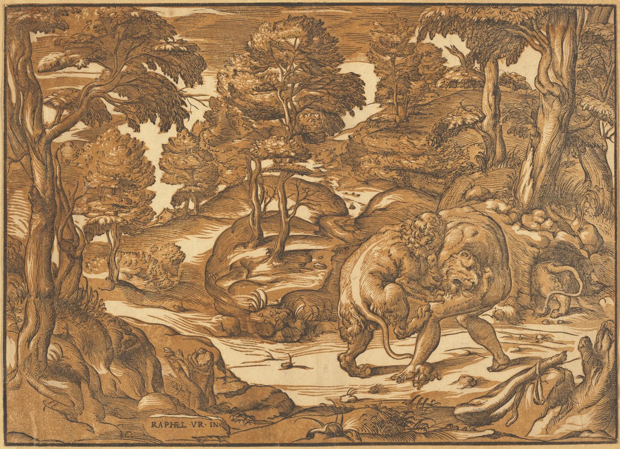 Hercules og Nemean Lion av Nicolò Boldrini, after Raphael