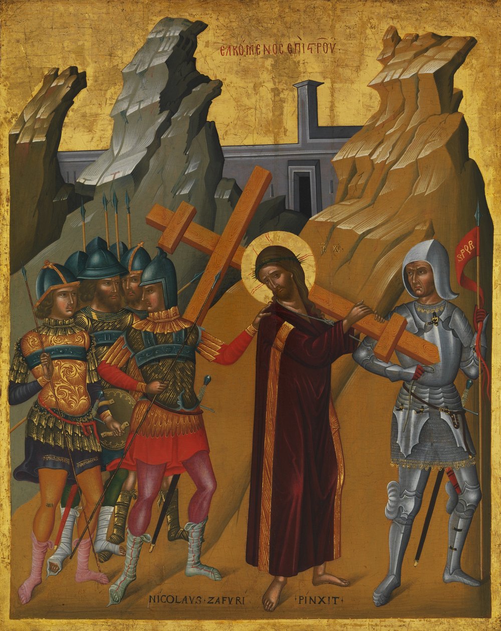 Kristus bærer korset, ca. 1590 (olje og tempera på tre, gullmalt) av Nicola Zafuri