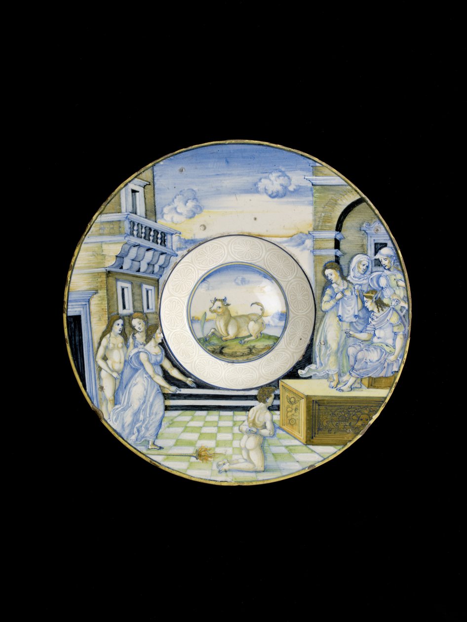 The Calumny of Apelles, 1400-tallet (maiolica) av Nicola da Urbino