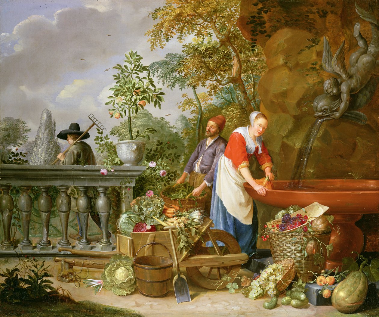 En hushjelp som vasker gulrøtter ved en fontene med to gartnere på jobb av Nicolaas or Nicolaes Muys