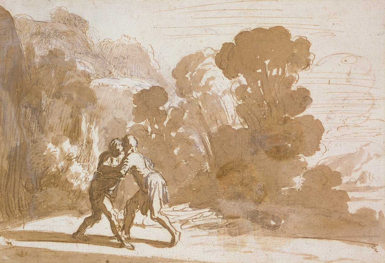 No.3192 Jacob Wrestling with an Angel, ca. 1605-10 (penn og blekk med vask) av Nicolaes Cornelisz Moeyaert