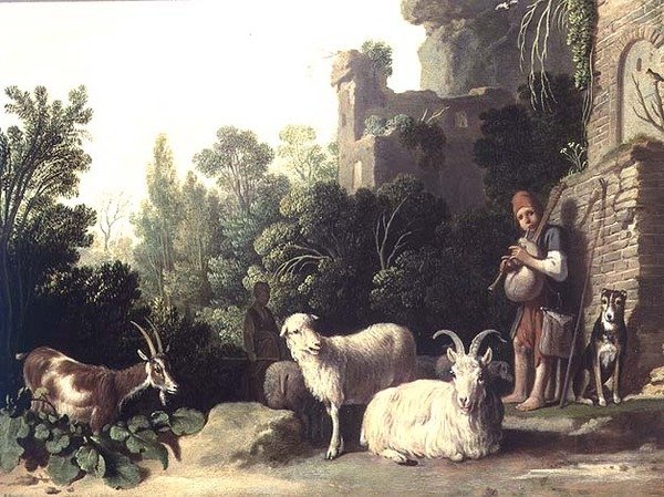 Geitegjerde som spiller sekkepipe (panel) av Nicolaes Cornelisz c.1592 1655 Moeyaert