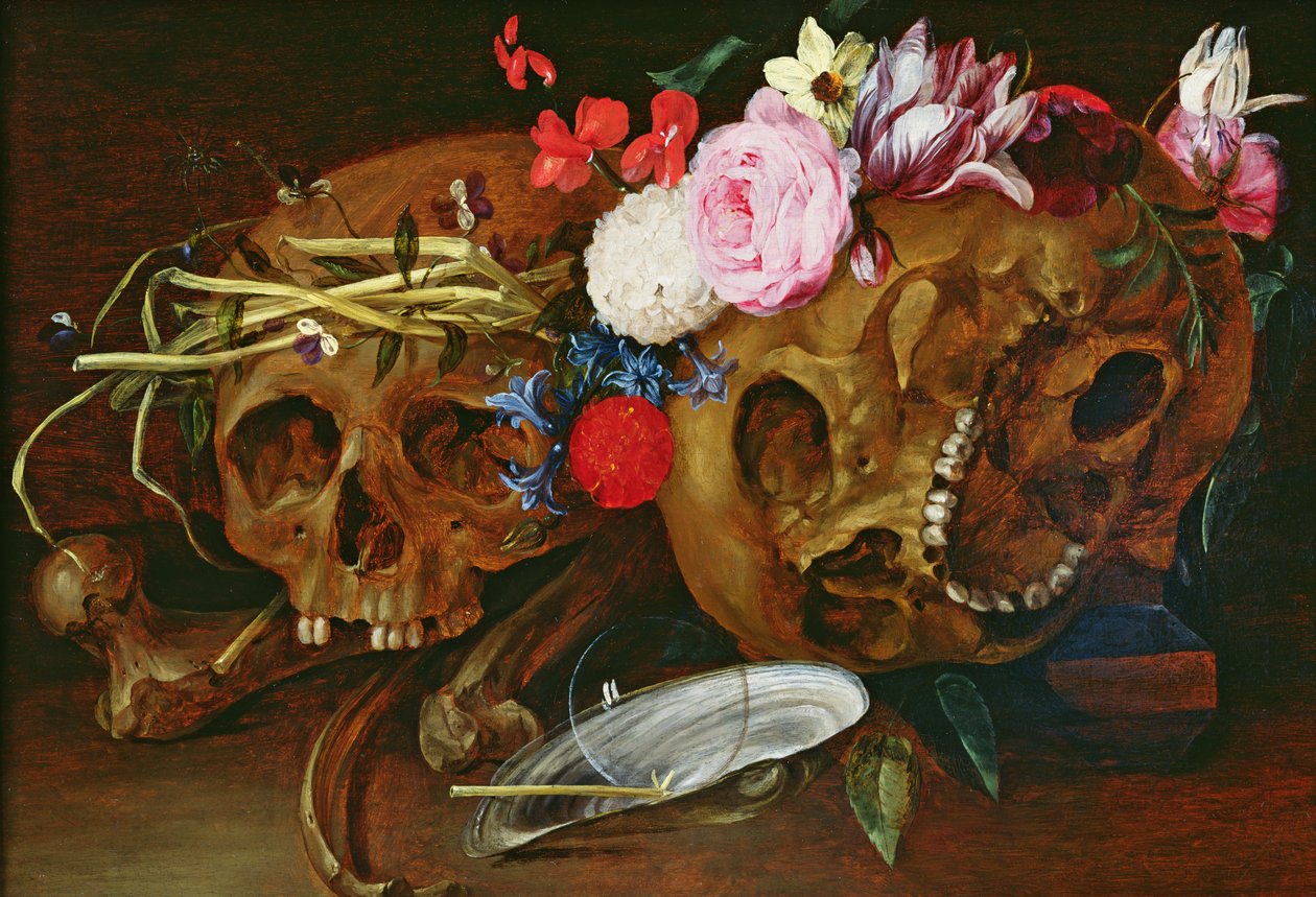 Vanitas stilleben med hodeskaller, blomster, et perlemuslingskall, en boble og sugerør av Nicolaes van Veerendael