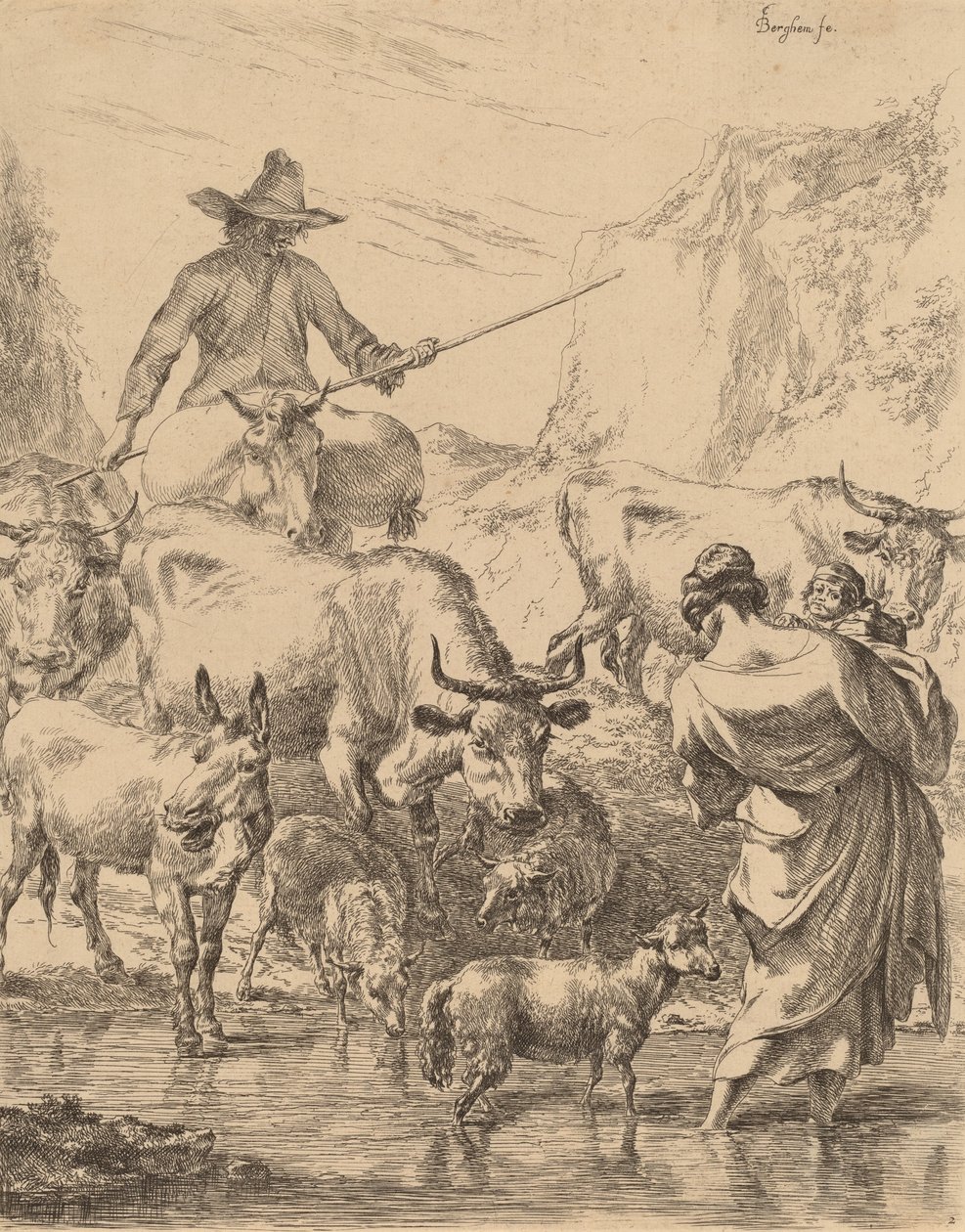 flokk krysser bekken. av Nicolaes Berchem