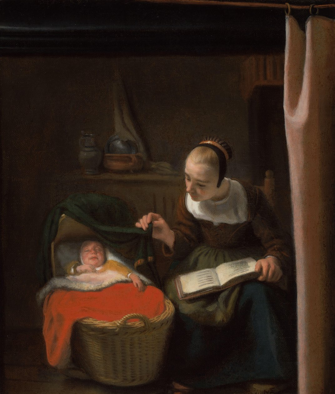 Ung kvinne ved en vugge av Nicolaes Maes