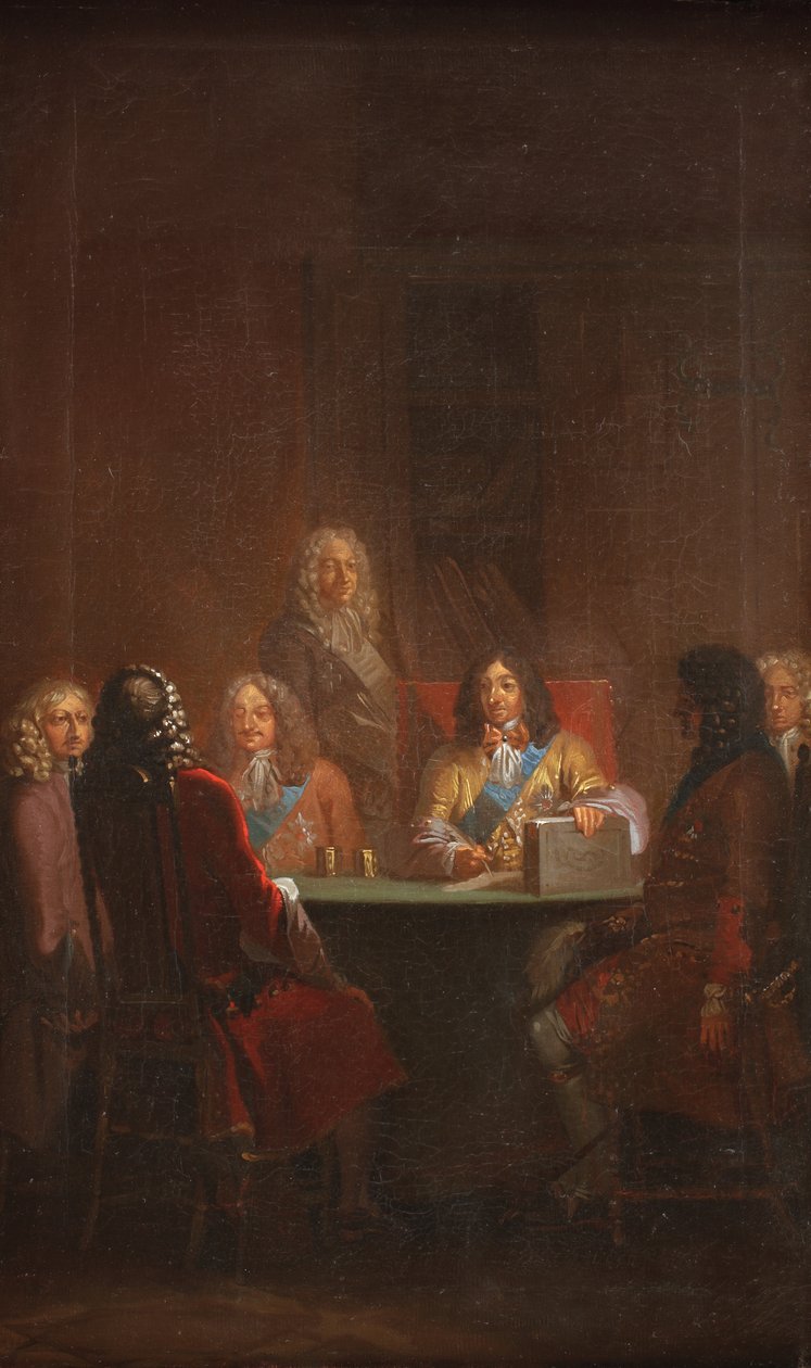 Christian V presenterer dansk lov 1683 av Nicolai Abildgaard