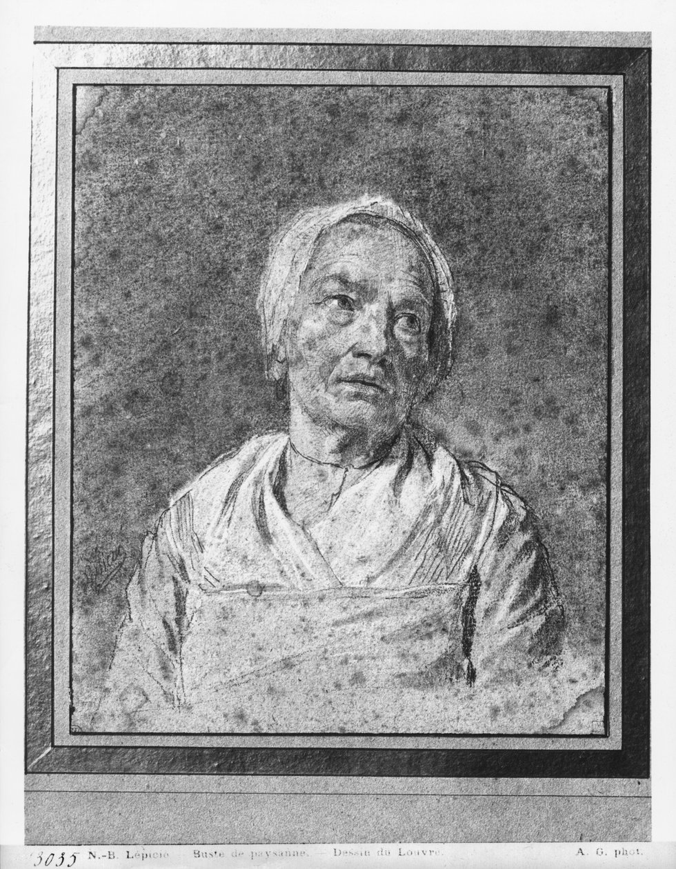 Byste av en gammel kvinne med hevet hode (pierre noire og hvite høydepunkter på grått papir) av Nicolas Bernard Lepicie