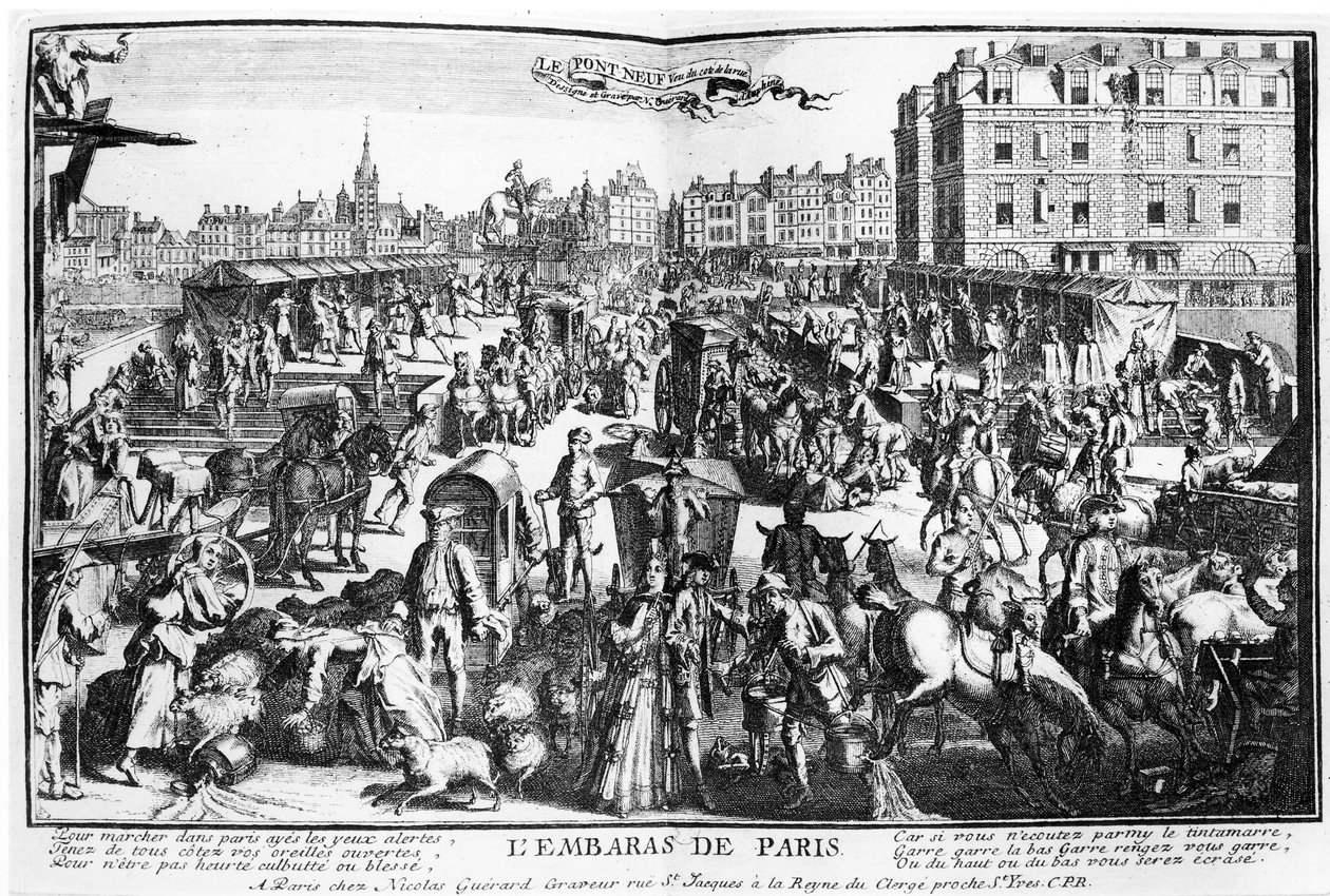 Overbelastningen i Paris, Pont Neuf fra Rue Dauphine av Nicolas Guerard