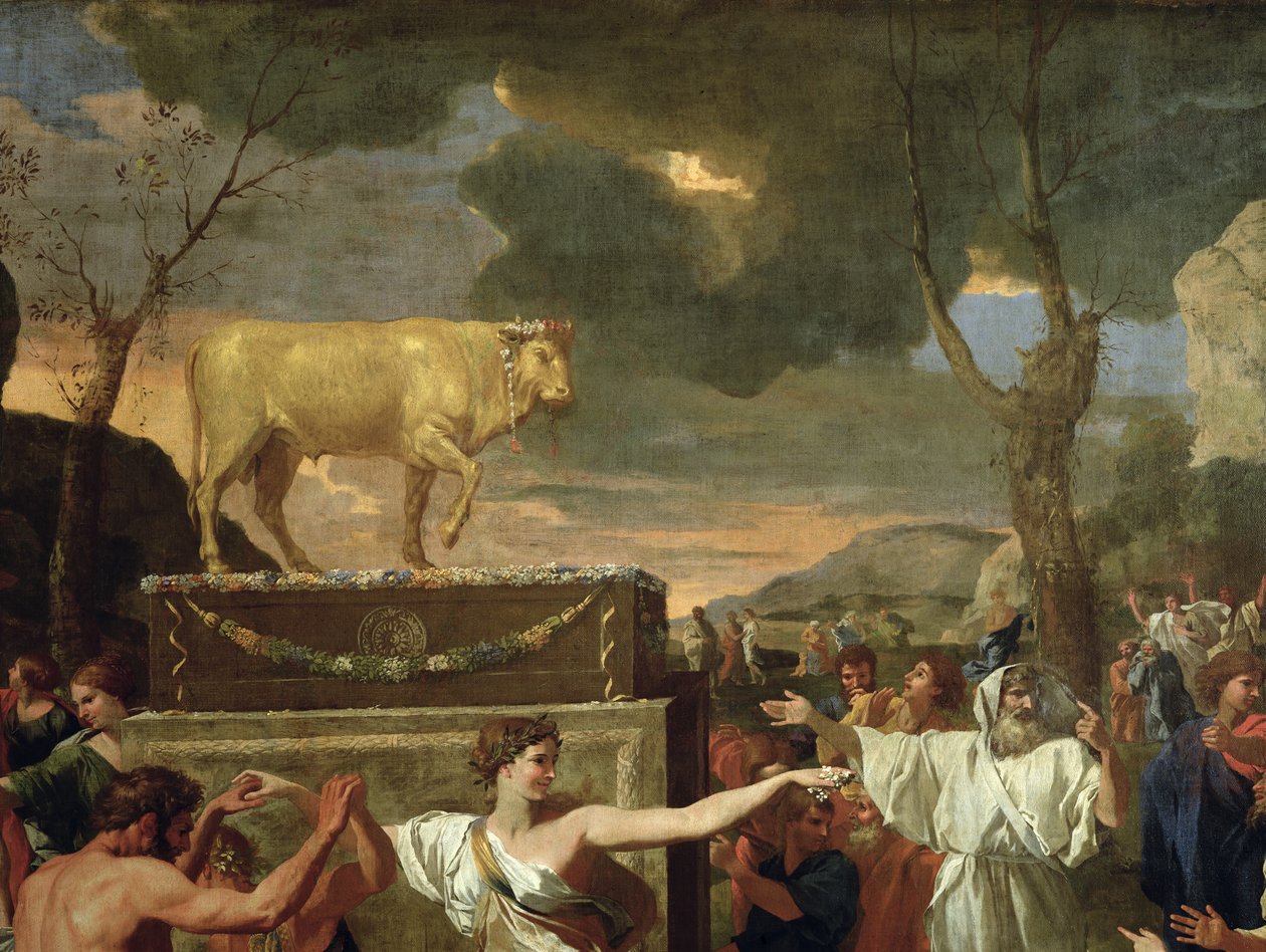 The Adoration of the Golden Calf, før 1634 olje på lerret detalj av 3738 av Nicolas Poussin