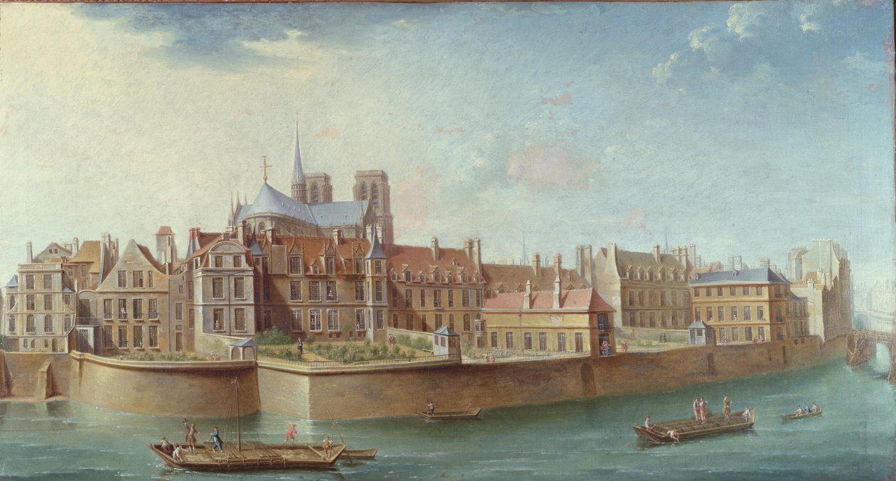Utsikt over Ile de la Cite fra Ile St. Louis, Paris av Nicolas Raguenet