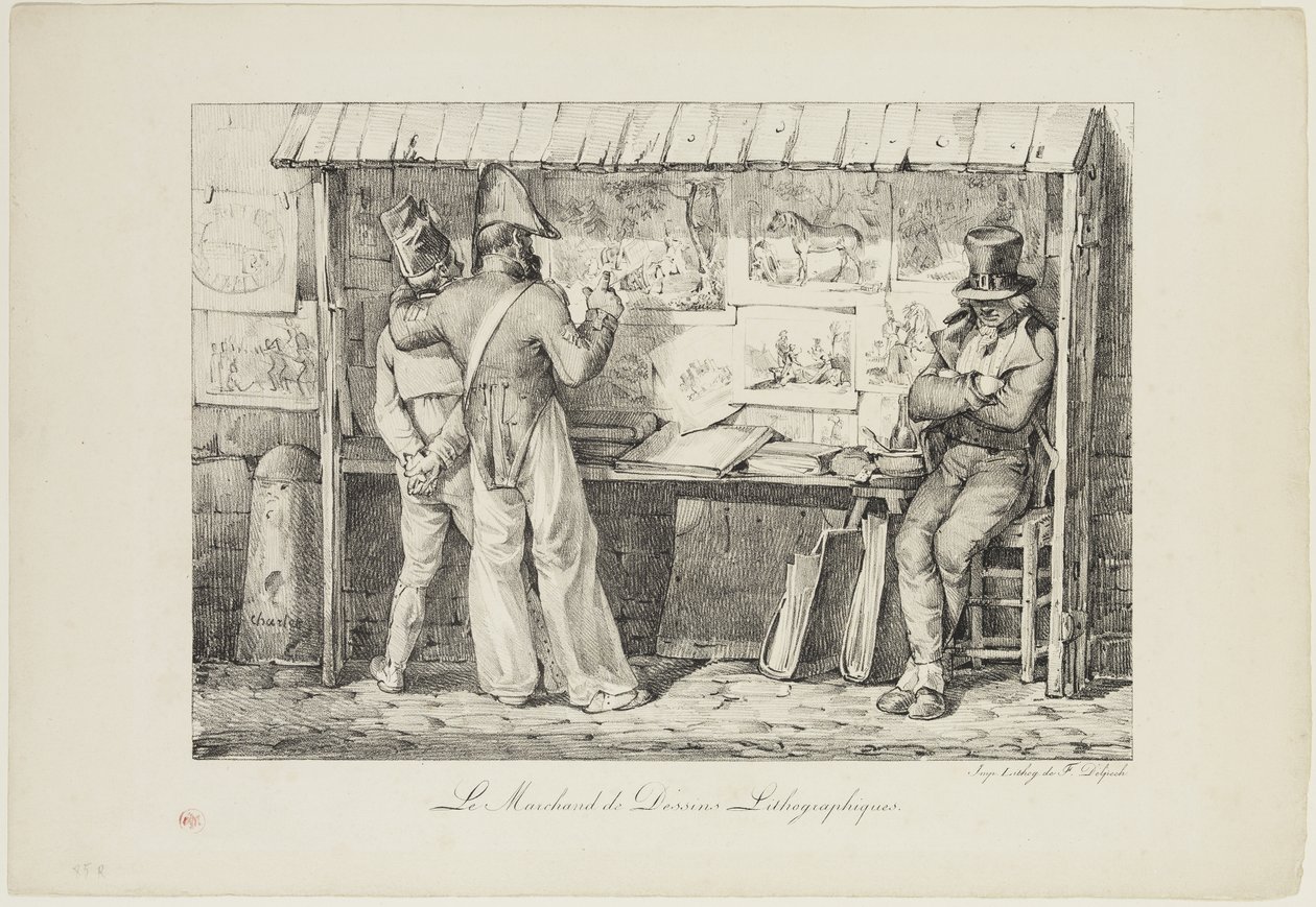 Le marchand de dessins lithographiques, mellom 1818 og 1819 (litho trykt med svart blekk på vevd papir) av Nicolas Toussaint Charlet
