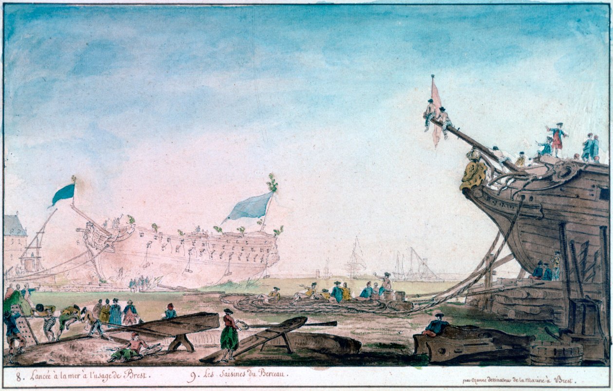 Sjøsetting av et skip ved Brest, c1750-1810 av Nicolas Marie Ozanne