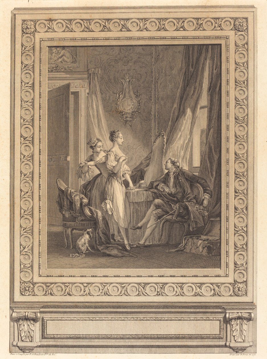 Toalettet av Nicolas Ponce after Pierre Antoine Baudouin with border by Charles Nicolas Cochin II
